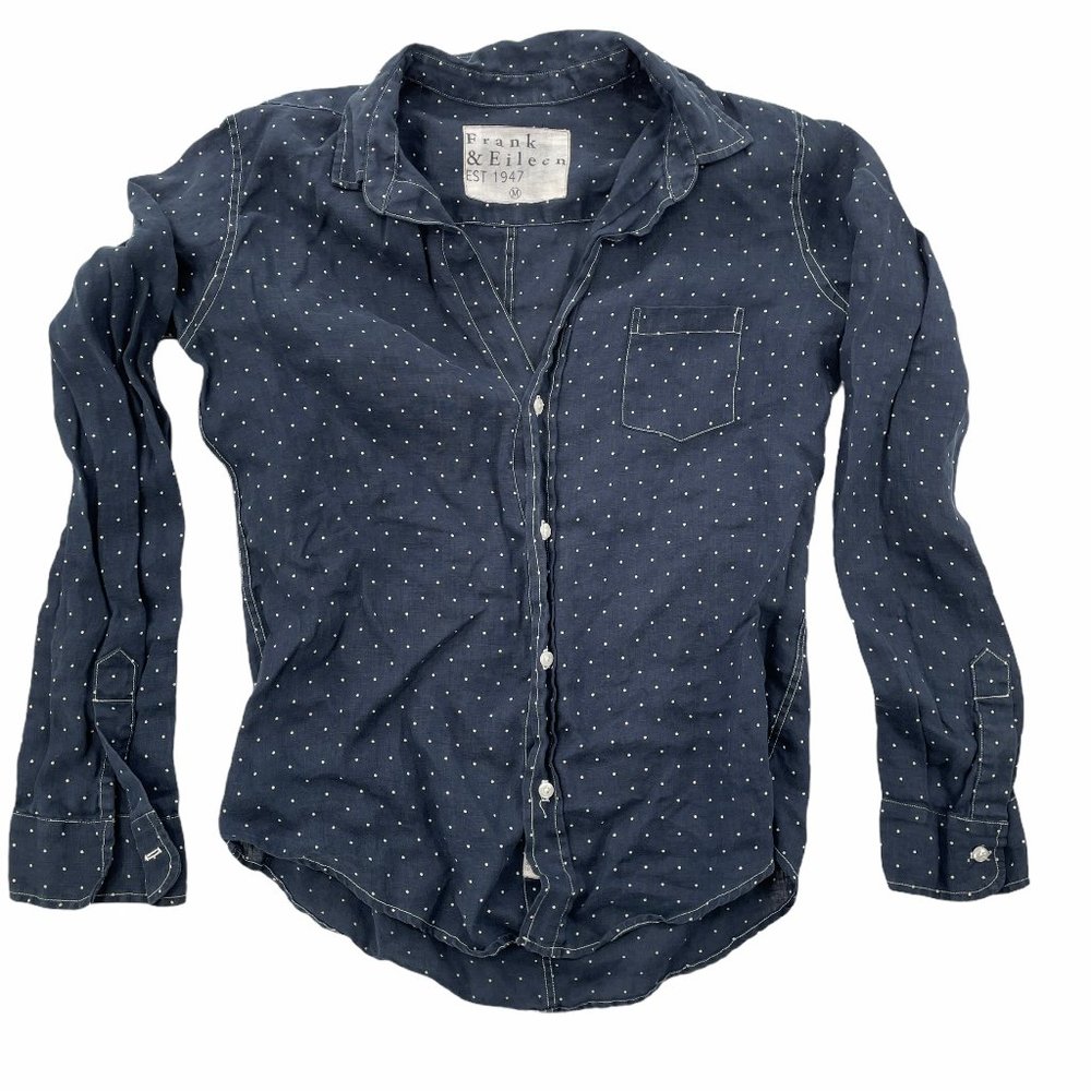 Frank & Eileen Barry Linen Navy Polka Dot Shirt